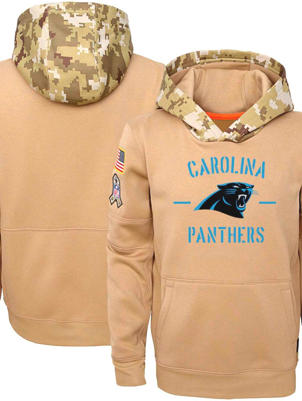 NIKE Youth (S) Carolina Panthers Khaki On-Field Salute to Service w/ Camo Hoodie